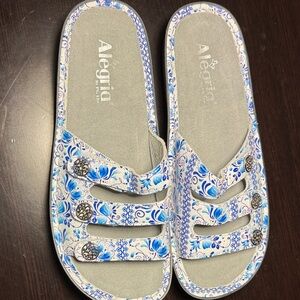 Alegria White and Blue Floral Slip-On Sandals